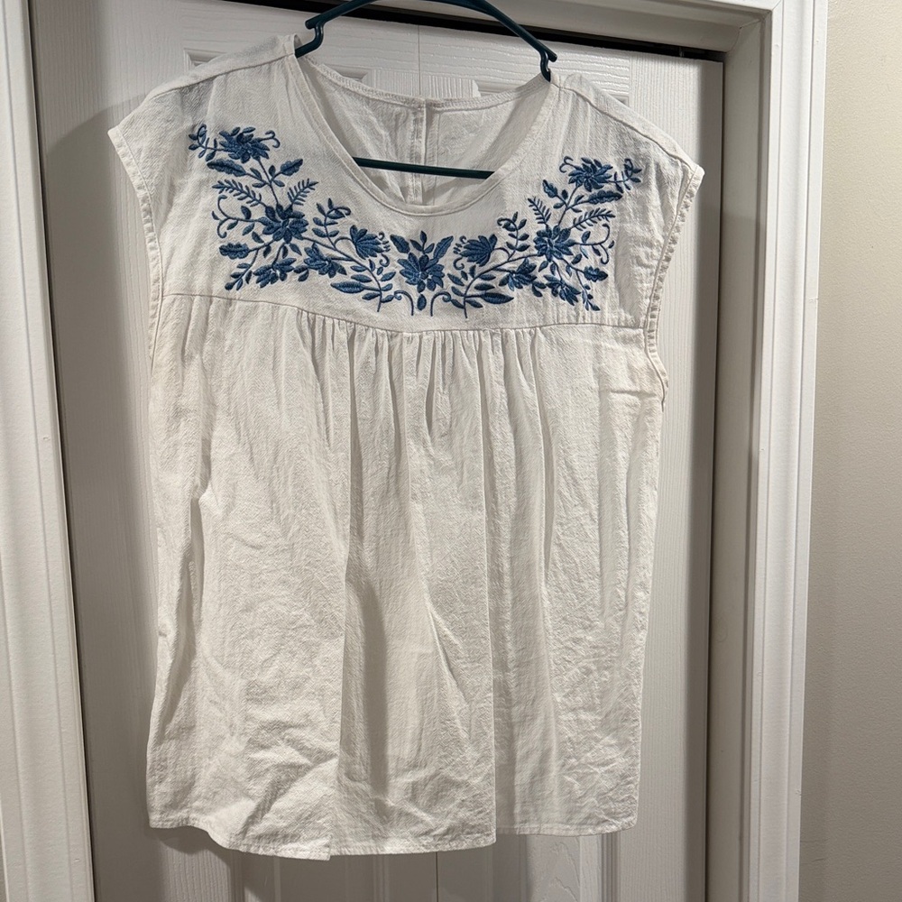 White and Blue Embroidered Women's Top
